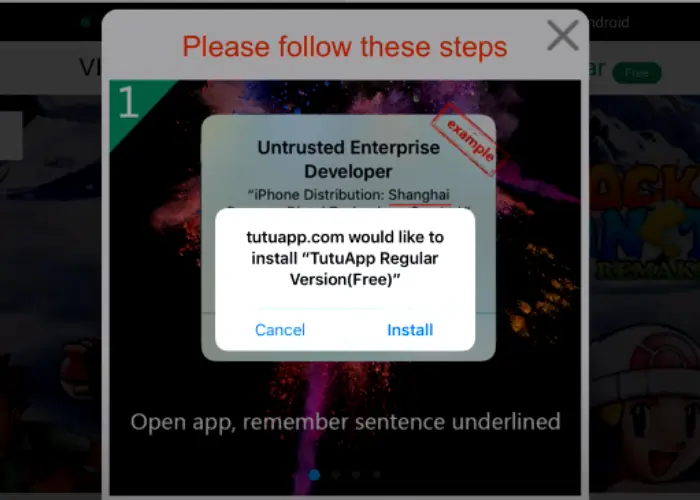 Tap the download link or the install button to initiate the download and installation process. You may receive a prompt asking for confirmation to proceed. Tap Install to continue