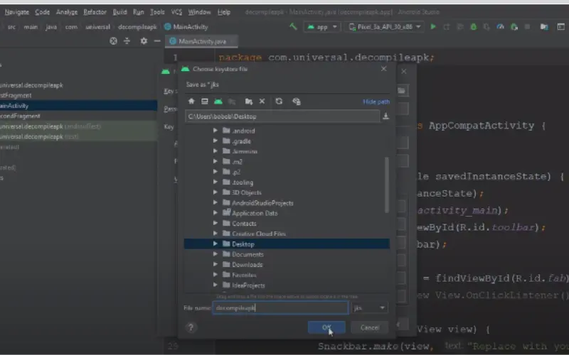 Navigate to the APK file you want to decompile and click OK. Android Studio will then open up the APK in a new project